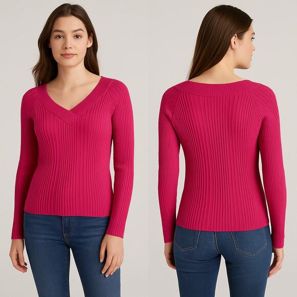 No Boundaries Fuchsia Ribbed Knit Long Sleeve Juniors XL V-Neck Stretch Casual - Picture 1 of 8